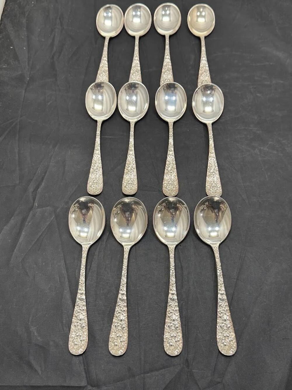 Stieff Rose Sterling Silver 7" Gumbo Soup Spoons Set 12 Baltimore Repousse Mono